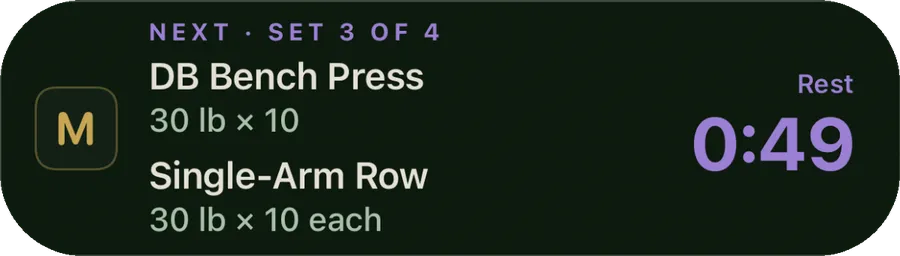 Live Activity on the Lock Screen: next, set 3 of 4, DB Bench Press 30 lb × 10 and Single-Arm Row 30 lb × 10 each, with 0:49 of rest left.