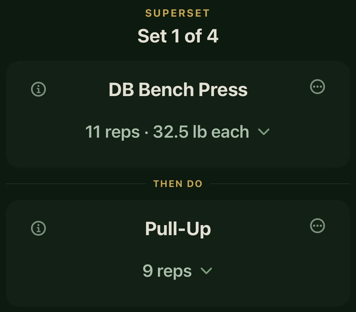 Superset, Set 1 of 4: DB Bench Press, 11 reps at 32.5 lb each, then Pull-Up, 9 reps.