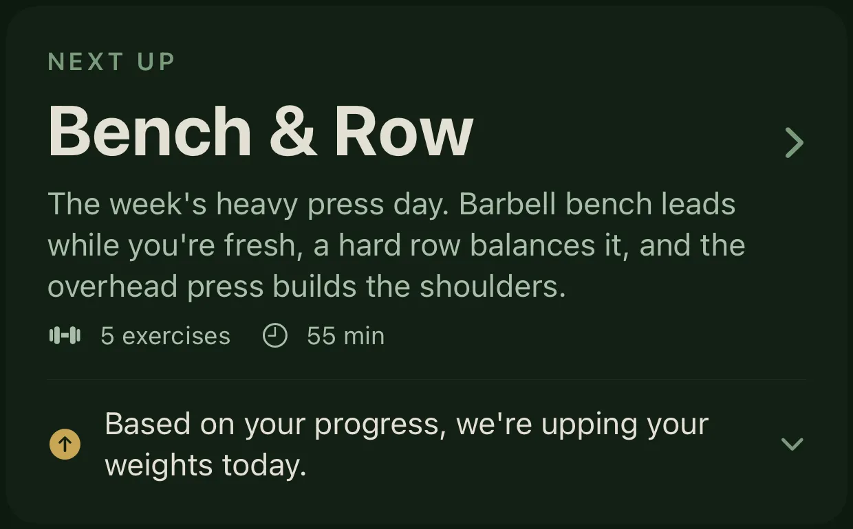 Today's card: Next up, Bench & Row. Based on your progress, we're upping your weights today.