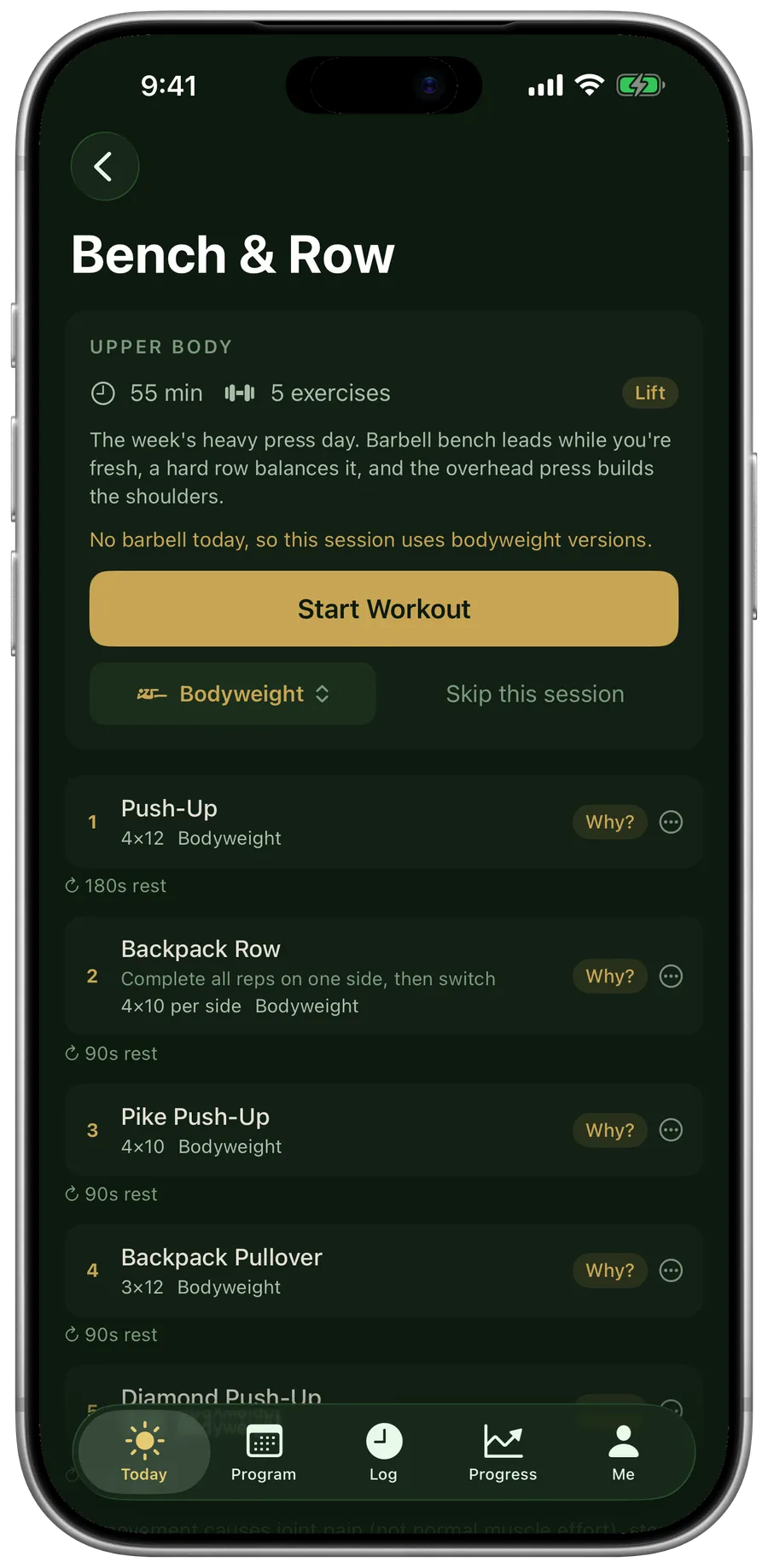The same session with bodyweight only: Push-Up and Backpack Row in place of the loaded lifts.