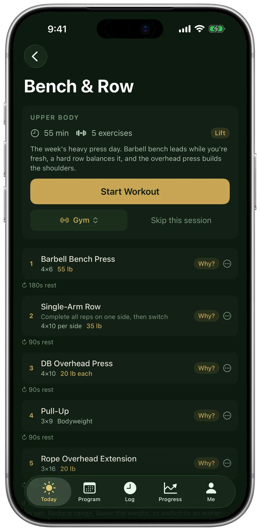 Bench & Row at the gym: Barbell Bench Press 4×6 at 55 lb, Single-Arm Row, Overhead Press and more.