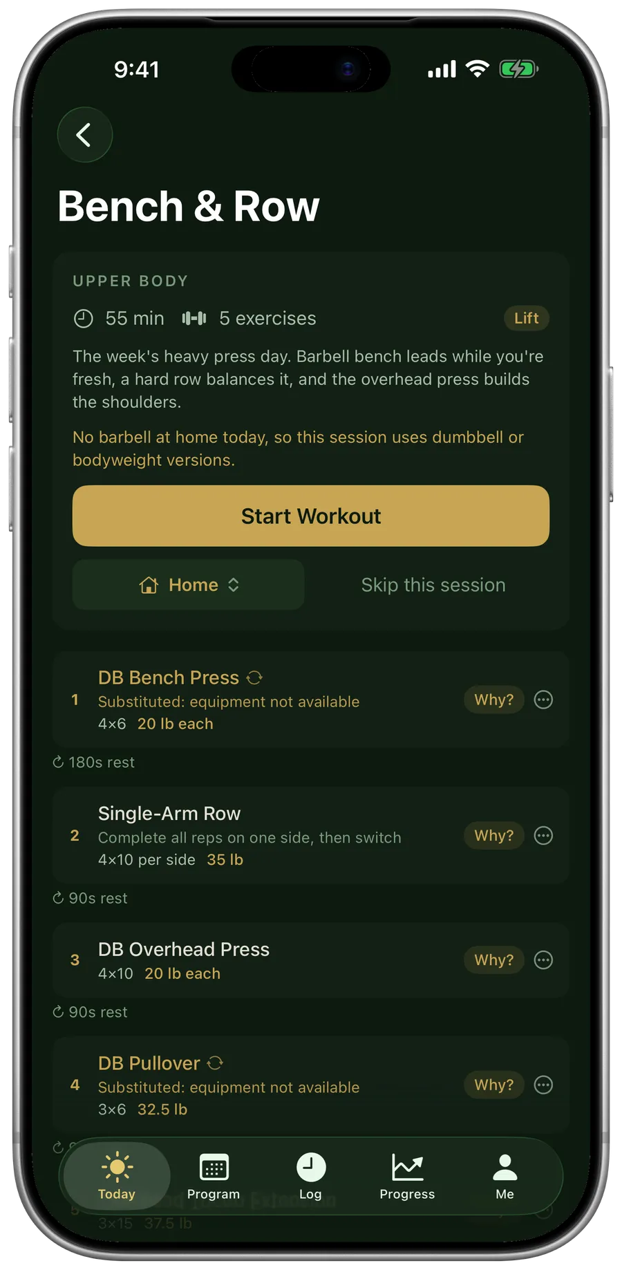 The same Bench & Row session at home: "No barbell at home today, so this session uses dumbbell or bodyweight versions." DB Bench Press substituted for the barbell bench.