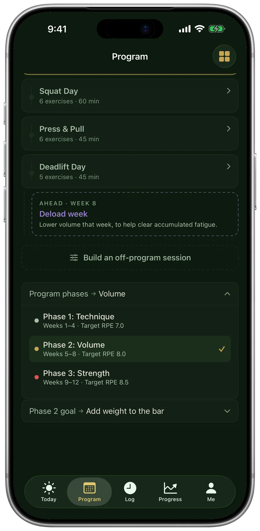 Program phases: Phase 1 Technique, Phase 2 Volume, Phase 3 Strength, each with its weeks.