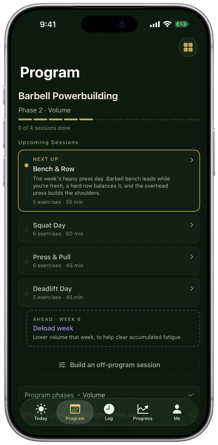 The Program tab for Barbell Powerbuilding: this week's sessions in order, and the deload week coming up in week 8.
