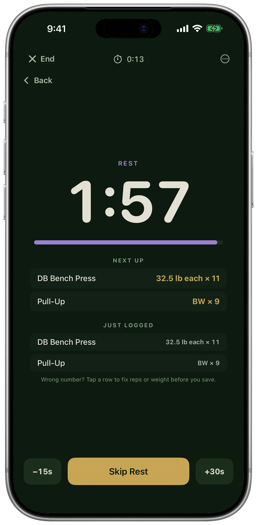 The rest timer counting down 1:57 between superset rounds, with the next round and the one just logged listed below.