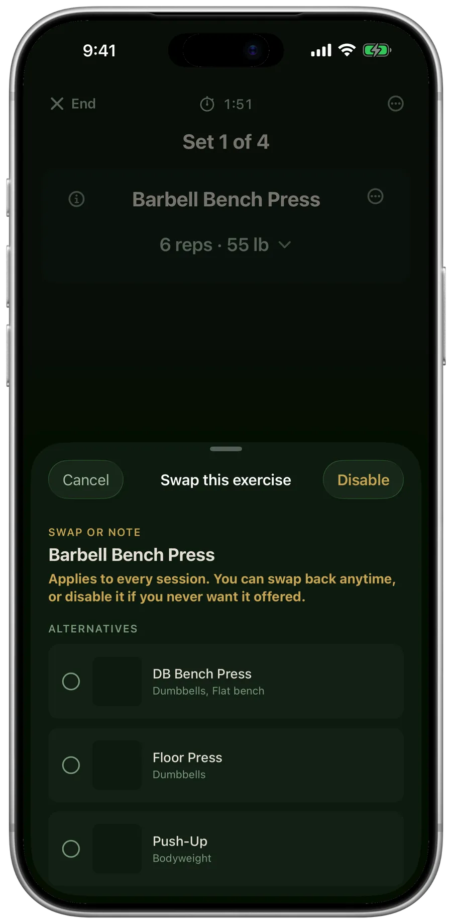 Swap this exercise: a list of alternatives for the current lift.