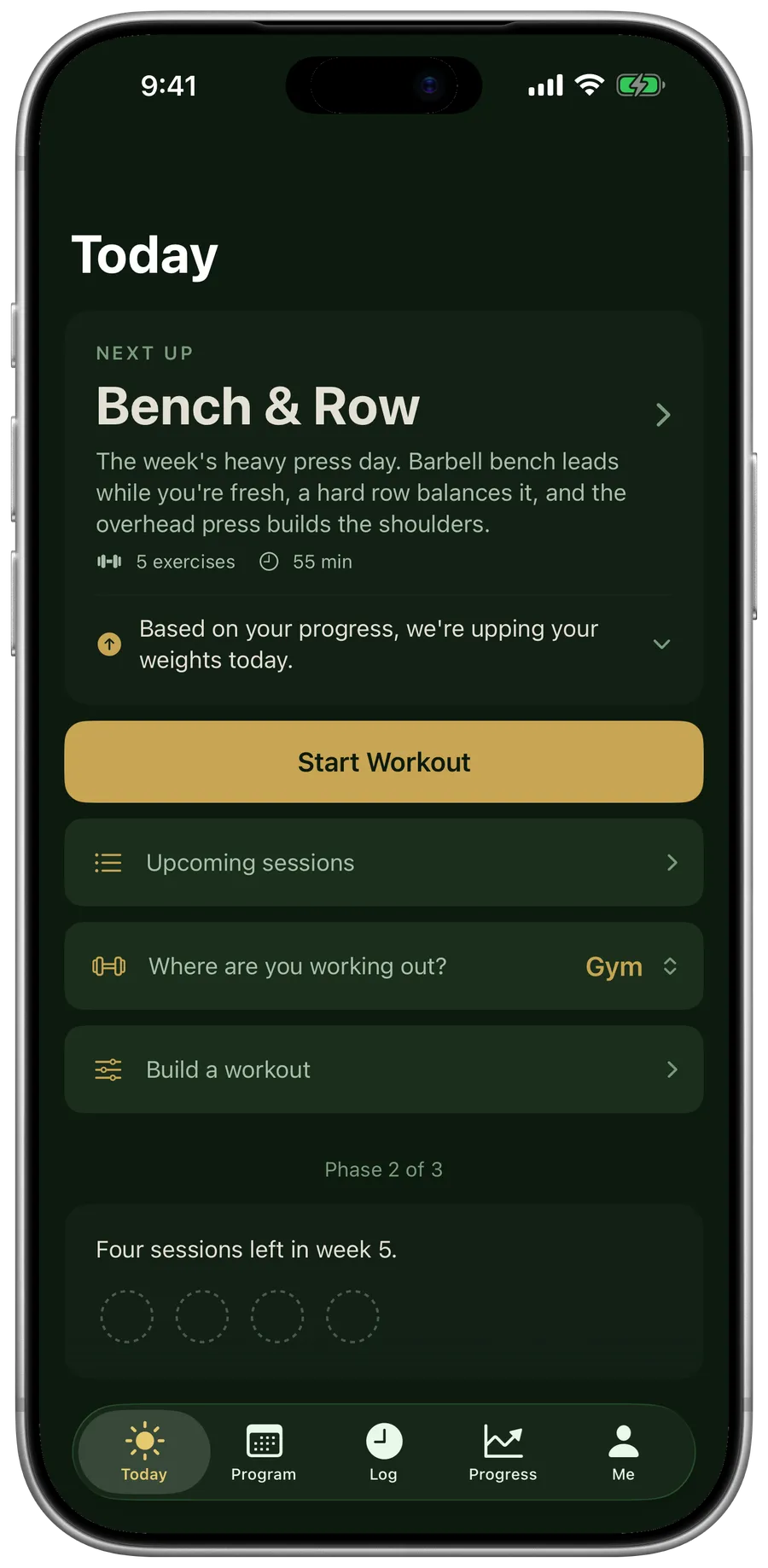 Measured's Today screen: next up is Bench & Row, 5 exercises, 55 minutes, with the note "Based on your progress, we're upping your weights today" and a Start Workout button.