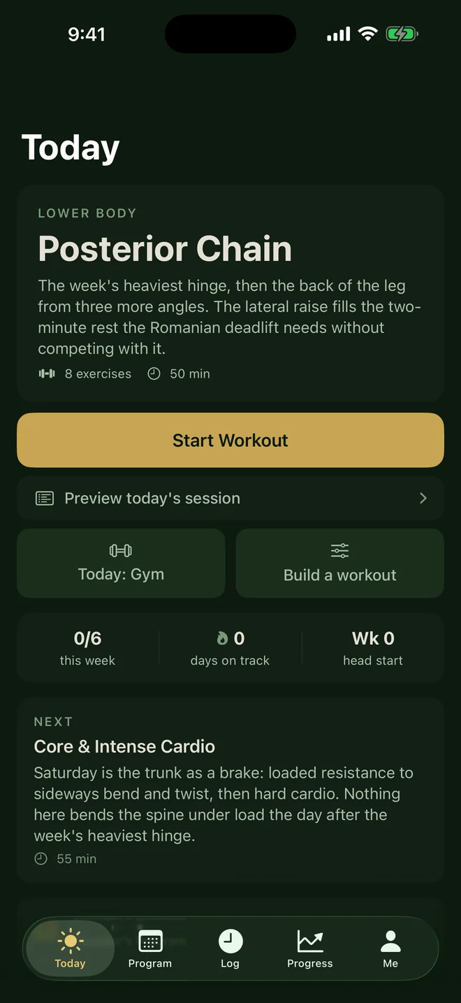 The Measured Today screen with the session already chosen, what it trains, how long it runs, and a start button.