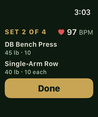 The Apple Watch app mid-session showing the prescribed weight and reps and live heart rate.